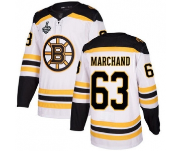 Men's Boston Bruins #63 Brad Marchand White Road Authentic 2019 Stanley Cup Final Bound Stitched Hockey Jersey