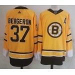 Men's Boston Bruins #37 Patrice Bergeron Yellow Adidas 2020-21 Stitched NHL Jersey