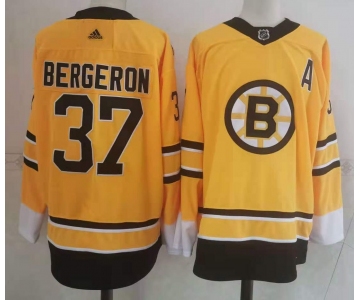 Men's Boston Bruins #37 Patrice Bergeron Yellow Adidas 2020-21 Stitched NHL Jersey