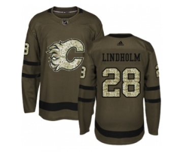 Men's Adidas Calgary Flames #28 Elias Lindholm Green Salute to Service Stitched NHL Jersey