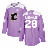 Men's Adidas Calgary Flames #28 Elias Lindholm Purple Authentic Fights Cancer Stitched NHL Jersey