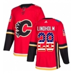 Men's Adidas Calgary Flames #28 Elias Lindholm Red Home Authentic USA Flag Stitched NHL Jersey