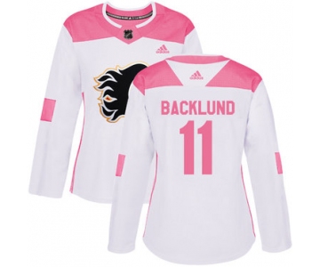 Adidas Calgary Flames #11 Mikael Backlund White Pink Authentic Fashion Women's Stitched NHL Jersey