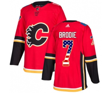 Adidas Flames #7 TJ Brodie Red Home Authentic USA Flag Stitched NHL Jersey