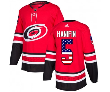 Adidas Hurricanes #5 Noah Hanifin Red Home Authentic USA Flag Stitched NHL Jersey