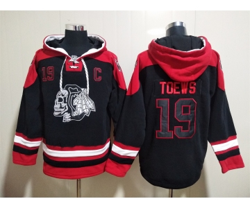 Men's Chicago Blackhawks #19 Jonathan Toews Black Ageless Must Have Lace Up Pullover Hoodie