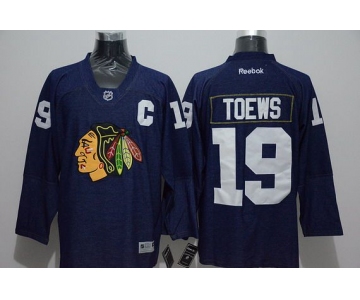 Men's Chicago Blackhawks #19 Jonathan Toews Navy Blue Denim Fabric Fashion Jersey