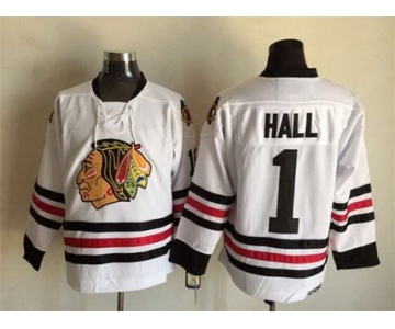 Men's Chicago Blackhawks #1 Glenn Hall White CCM Vintage Throwback Jersey