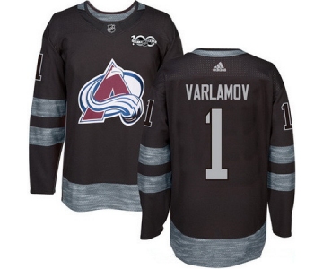 Men's Colorado Avalanche #1 Semyon Varlamov Black 100th Anniversary Stitched NHL 2017 adidas Hockey Jersey