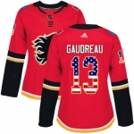 Adidas Calgary Flames #13 Johnny Gaudreau Red Home Authentic USA Flag Women's Stitched NHL Jersey