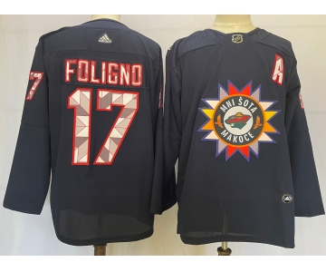 Men's Minnesota Wild #17 Marcus Foligno 2022 Navy Native American Heritage Day Stitched Jersey