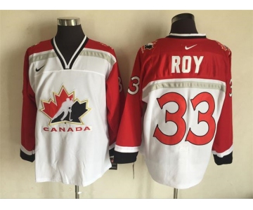 Men's 1998 Team Canada #33 Patrick Roy White Nike Olympic Throwback Stitched Hockey Jersey