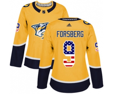Adidas Nashville Predators #9 Filip Forsberg Yellow Home Authentic USA Flag Women's Stitched NHL Jersey