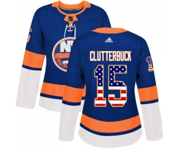 Adidas New York Islanders #15 Cal Clutterbuck Royal Blue Home Authentic USA Flag Women's Stitched NHL Jersey