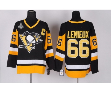 Men's Pittsburgh Penguins #66 Mario Lemieux Retired Black Throwback CCM 2017 Stanley Cup NHL Finals C Patch Jersey