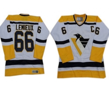 Pittsburgh Penguins #66 Mario Lemieux 1993 White With Yellow Throwback CCM Jersey
