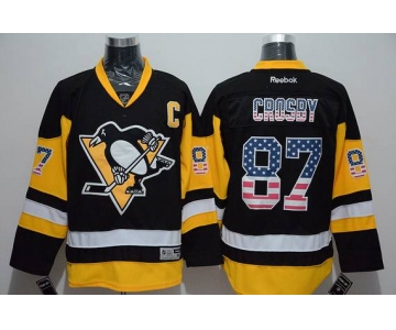 Men's Pittsburgh Penguins #87 Sidney Crosby Reebok Black Third NHL USA Flag Fashion Jersey