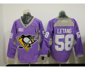 Men's Pittsburgh Penguins #58 Kris Letang Purple Pink Hockey Fights Cancer Practice Stitched NHL Reebok Hockey Jersey