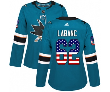 Adidas San Jose Sharks #62 Kevin Labanc Teal Home Authentic USA Flag Women's Stitched NHL Jersey
