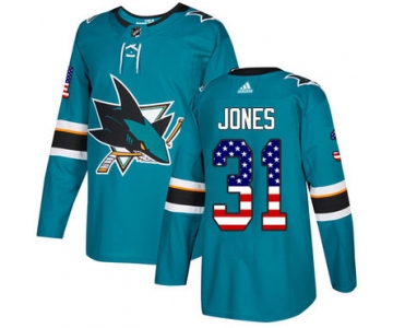 Adidas Sharks #31 Martin Jones Teal Home Authentic USA Flag Stitched NHL Jersey