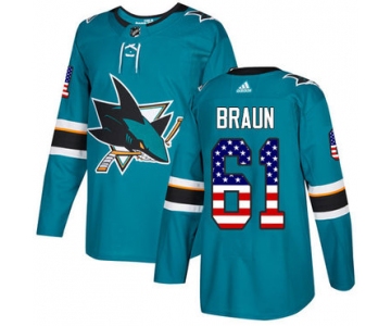 Adidas Sharks #61 Justin Braun Teal Home Authentic USA Flag Stitched NHL Jersey