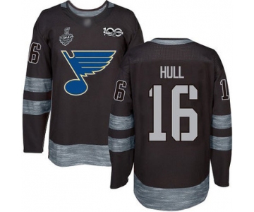 Men's St. Louis Blues #16 Brett Hull Black 1917-2017 100th Anniversary 2019 Stanley Cup Final Bound Stitched Hockey Jersey
