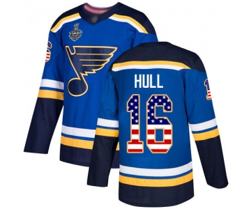 Men's St. Louis Blues #16 Brett Hull Blue Home Authentic USA Flag 2019 Stanley Cup Final Bound Stitched Hockey Jersey