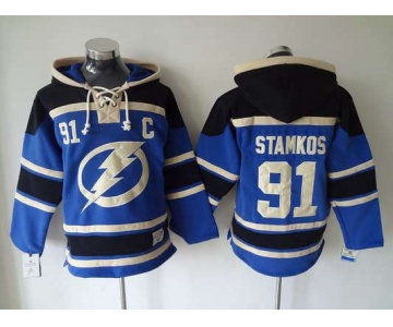 Men's Tampa Bay Lightning #91 Steven Stamkos Old Time Hockey Blue Hoodie