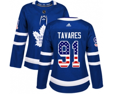 Adidas Maple Leafs #91 John Tavares Blue Home Authentic USA Flag Women's Stitched NHL Jersey