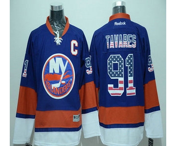 Men's New York Islanders #91 John Tavares Light Blue USA Flag Hockey Jersey