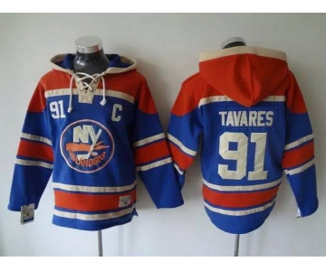 Men's New York Islanders #91 John Tavares Old Time Hockey Light Blue Hoodie