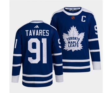 Men's Toronto Maple Leafs Black #91 John Tavares Blue 2022 Reverse Retro Stitched Jersey