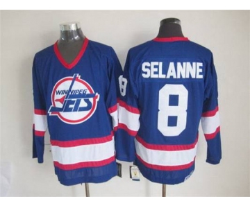 Men's Winnipeg Jets #8 Teemu Selanne 1990-91 Navy Blue CCM Vintage Throwback Jersey