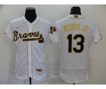 Men's Atlanta Braves #13 Ronald Acuna Jr. White With Gold Stitched MLB Flex Base Nike Jersey