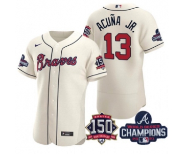 Men's Cream Atlanta Braves #13 Ronald Acuna Jr. 2021 World Series Champions With 150th Anniversary Flex Base Stitched Jersey