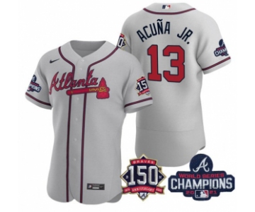 Men's Grey Atlanta Braves #13 Ronald Acuna Jr. 2021 World Series Champions With 150th Anniversary Flex Base Stitched Jersey
