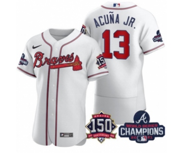 Men's White Atlanta Braves #13 Ronald Acuna Jr. 2021 World Series Champions With 150th Anniversary Flex Base Stitched Jersey