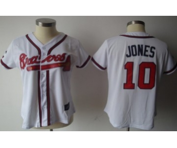 Atlanta Braves #10 Chipper Jones White With Red Womens Jersey