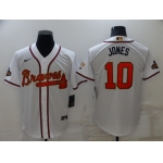Men's Atlanta Braves #10 Chipper Jones 2022 White Gold World Series Champions Program Cool Base Stitched Baseball Jersey
