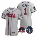 Men Atlanta Braves 1 Ozzie Albies 2021 Grey World Series With 150th Anniversary Patch Stitched Baseball Jersey
