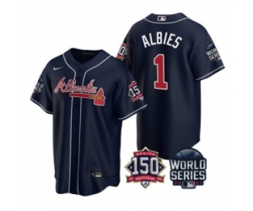 Men Atlanta Braves 1 Ozzie Albies 2021 Navy World Series With 150th Anniversary Patch Cool Base Stitched Jersey