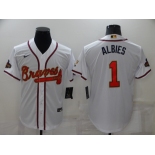 Men's Atlanta Braves #1 Ozzie Albies 2022 White Gold World Series Champions Program Cool Base Stitched Baseball Jersey