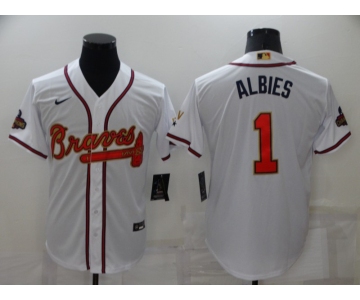 Men's Atlanta Braves #1 Ozzie Albies 2022 White Gold World Series Champions Program Cool Base Stitched Baseball Jersey
