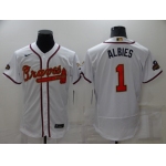 Men's Atlanta Braves #1 Ozzie Albies 2022 White Gold World Series Champions Program Flex Base Stitched Baseball Jersey