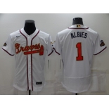 Men's Atlanta Braves #1 Ozzie Albies 2022 White Gold World Series Champions Program Flex Base Stitched Baseball Jersey