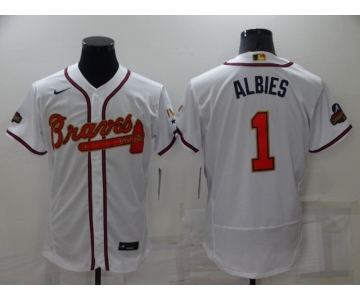 Men's Atlanta Braves #1 Ozzie Albies 2022 White Gold World Series Champions Program Flex Base Stitched Baseball Jersey