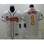 Men's Atlanta Braves #1 Ozzie Albies White Gold 2021 World Series Champions Stitched MLB Flex Base Jersey