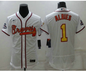 Men's Atlanta Braves #1 Ozzie Albies White Gold 2021 World Series Champions Stitched MLB Flex Base Jersey