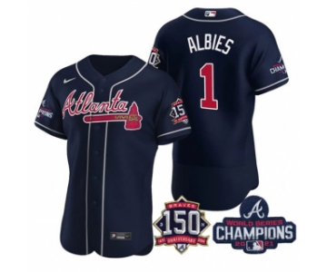 Men's Navy Atlanta Braves #1 Ozzie Albies 2021 World Series Champions With 150th Anniversary Flex Base Stitched Jersey