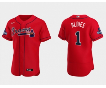 Men's Red Atlanta Braves #1 Ozzie Albies 2021 World Series Champions Flex Base Stitched Jersey